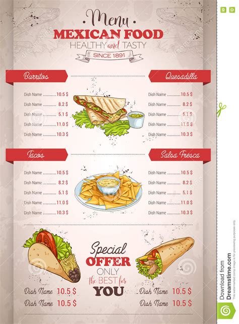 Served with vanilla ice cream & chocolate fudge drizzle. Drawing Vertical Color Mexican Food Menu Stock Vector ...