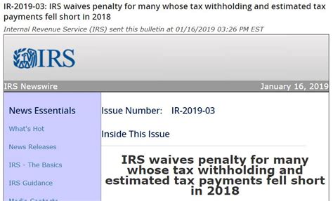 Irs Waives Some Penalties On Withholding And Estimated Tax Payments C Brian Streig Cpa