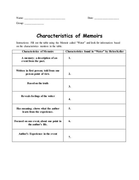 Worksheets For The Lesson Plan For The Memoir Water