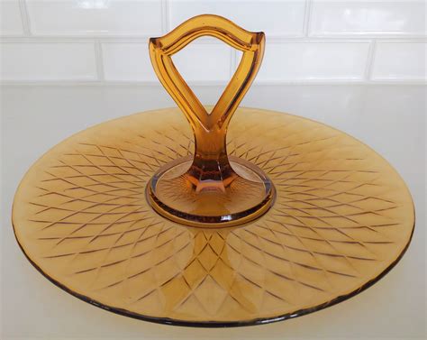 Vintage Amber Glass Sandwich Serving Tray With Handle Vintage Etsy
