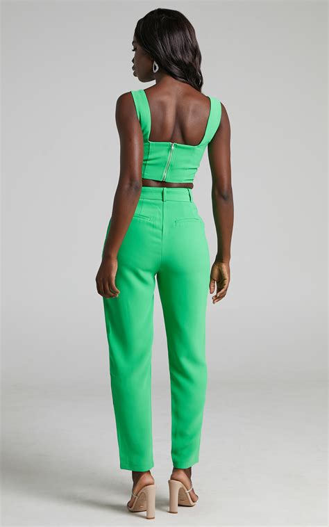 reyna two piece set crop top and tailored pants in green showpo eu