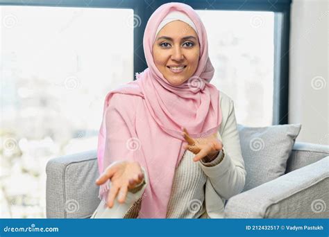 A Young Muslim Woman Wearing Hijab Webcam View Stock Image Image Of Businesswoman Arabian