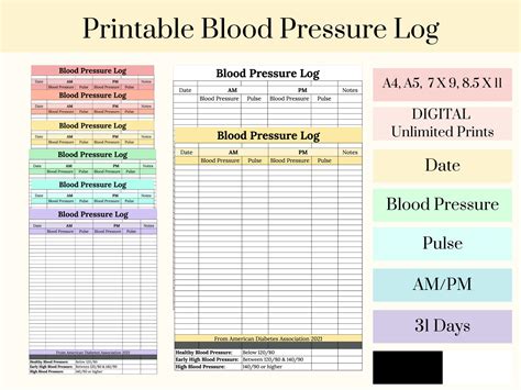 Printable Monthly Blood Pressure And Pulse Planner Page Log Book Pulse