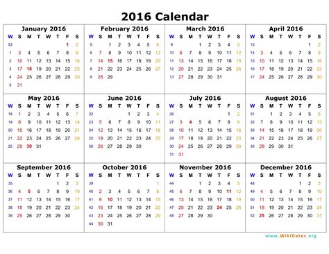 2016 Calendar Printable One Page