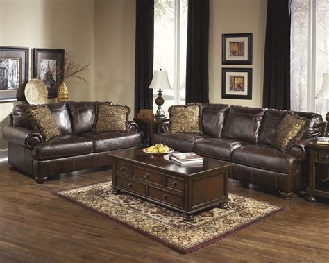 Ashley Axiom Walnut Genuine Leather Sofa And Love Seat Brown Couch