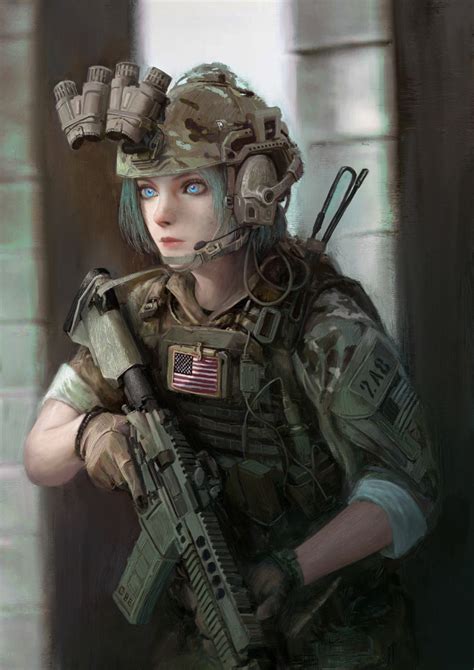 Safebooru 1girl Absurdres American Flag Ar 15 Assault Rifle Blue Eyes Bulletproof Vest Ear