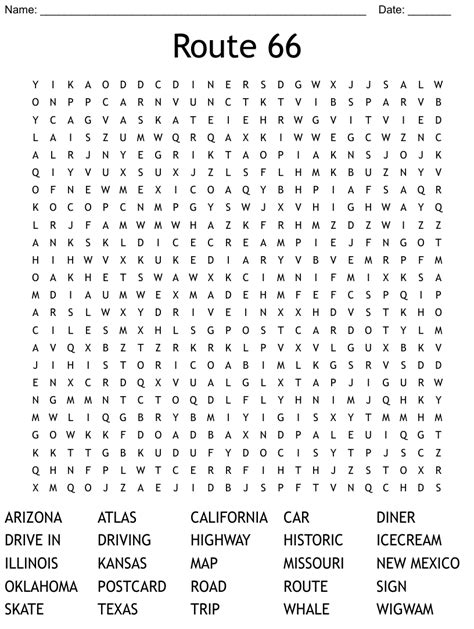 Route 66 Word Search Wordmint