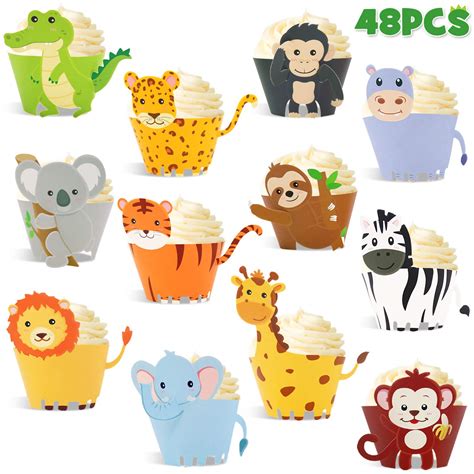 Buy 48pcs Jungle Safari Animal Cupcake Wrapper Wild One Birthday Photo