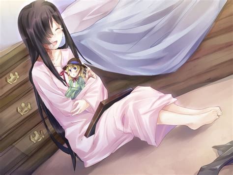 Ikezawa Hanako Katawa Shoujo Game Cg 10s 1girl Barefoot Bed Black Hair Closed Eyes Doll