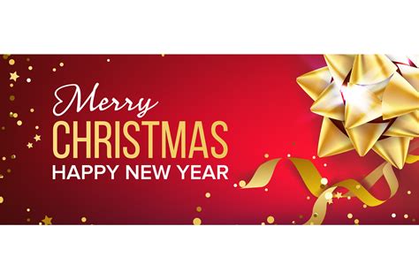 Merry Christmas And Happy New Year Banner Vector Gold Bow Red