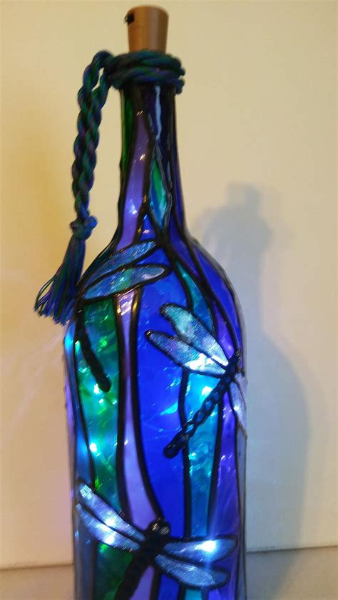 Dragonfly Lighted Handpainted Wine Bottle Inspired Stained Etsy Wine Bottle Lamp Wine Bottle