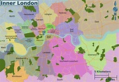 Mapa y plano de 32 distritos (boroughs) y barrios de Londres