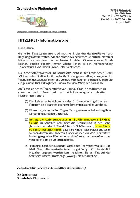 Hitzefrei Informationen Grundschule Plattenhardts Webseite
