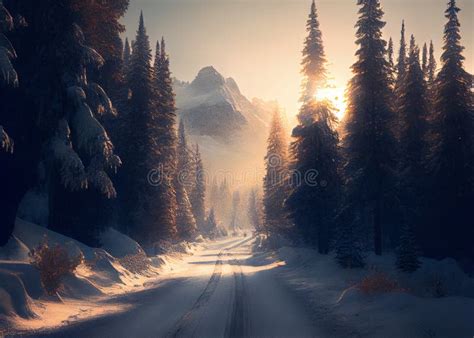 Country Road In Snowy Sunny Winter Day Ai Generated Stock Image