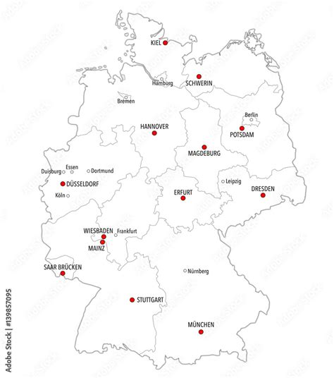 Map Of Germany With Main Cities And Provinces In White Color Stock