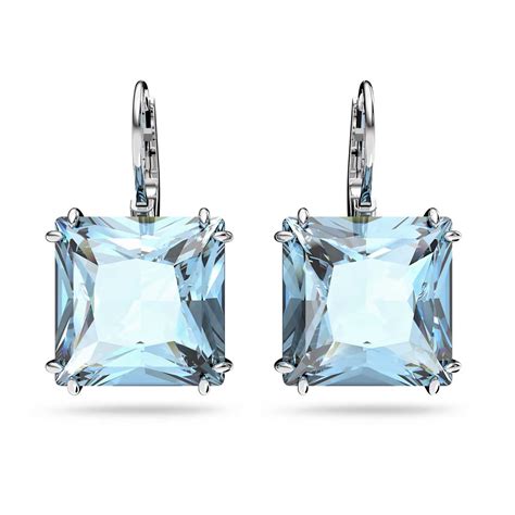 Swarovski Millenia Drop Earrings Square Cut Blue Rhodium Plated