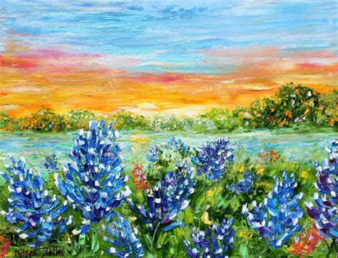 Bluebonnets Landscape Blue Flower Painting Texas Art Etsy Blue