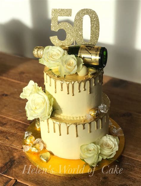 50th Cake With Gold Drip Champagne And Roses 18th Birthday Cake Cake