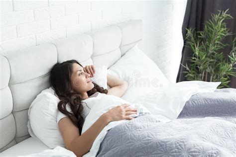 Young Beautiful Woman Woke Up In White Bed Stock Photo Image Of Cute