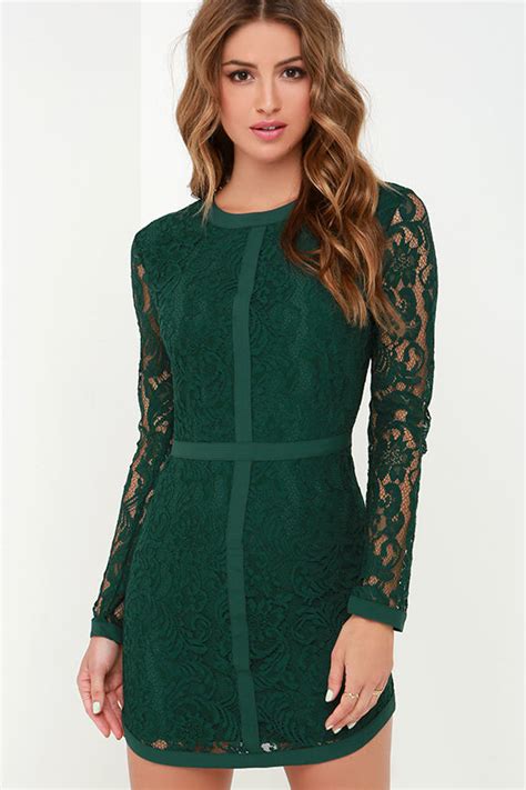 Pretty Dark Green Dress Long Sleeve Dress Lace Dress 12600 Lulus