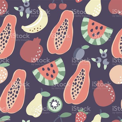 Fruit Pattern Papaya Banana Watermelon Seamless Pattern Vector Summer