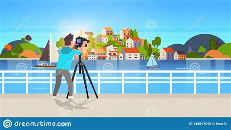 Man Travel Photographer Taking Nature Picture Of Mountain City Island
