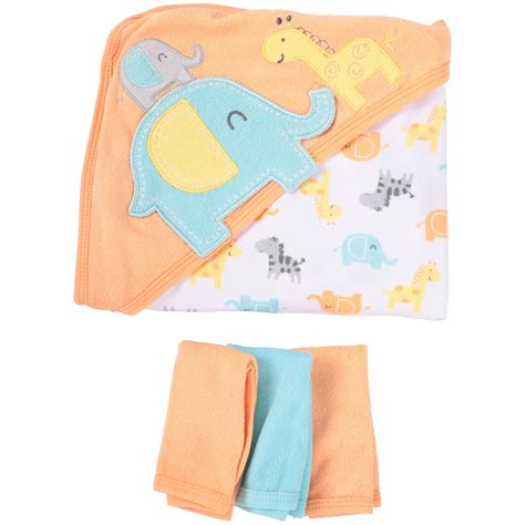 Gerber Newborn Baby Towel And Washcloths Bath T Set Safari 4 Piece