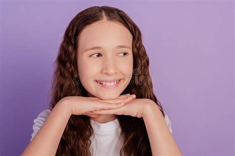 Photo Of Positive Happy Little Girl Beaming Smile Look Empty Space On