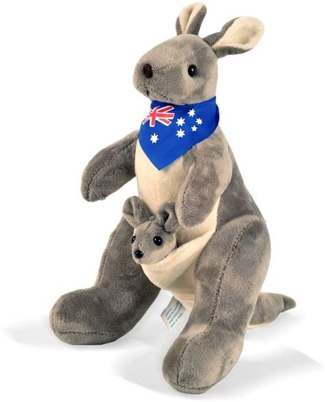 Plush Gray Kangaroo With Australia Scarf And Joey Huggable Soft