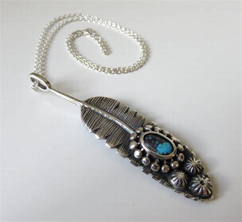 Solid Sterling Silver Large Navajo Feather Turquoise Pendant By You Got