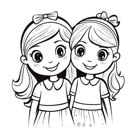 Black And White Cute Two Girls Coloring Pages Outline Sketch Drawing