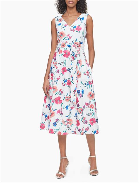 Floral Sleeveless Belted A Line Midi Dress Calvin Klein Dresses Model Outfits Floral