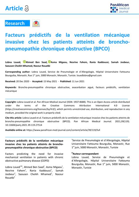 Pdf Facteurs Prédictifs De La Ventilation Mécanique Invasive Chez Les
