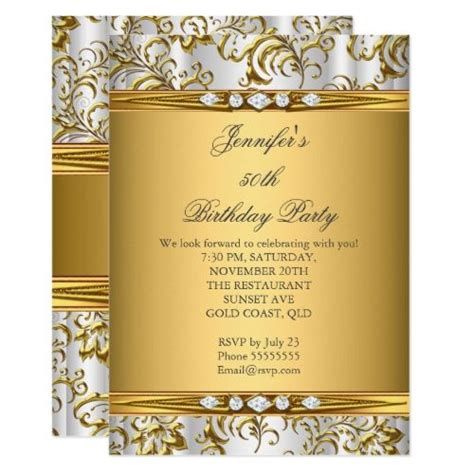 Elegant Gold Damask White Silver Diamond Birthday Invitation Zazzle