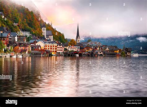 Scenic View Of Famous Hallstatt Mountain Village With Hallstatter Lake