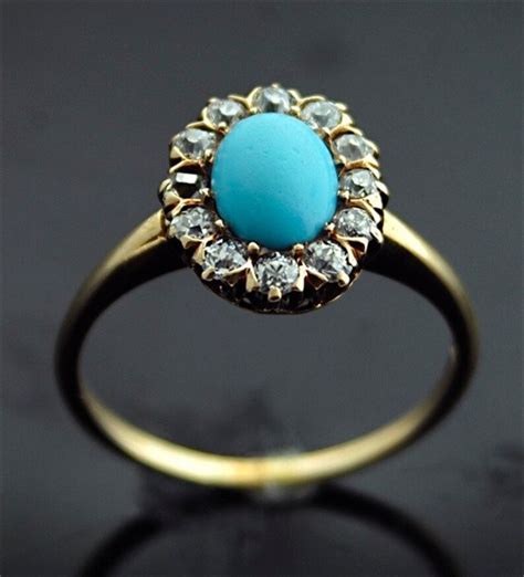 Antique Turquoise Ring 14k Yellow Gold Turquoise Diamonds Etsy
