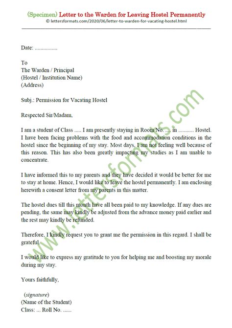The letter should clearly state the date of resignation. Formal Letter to Principal or Warden for Vacating Leaving ...