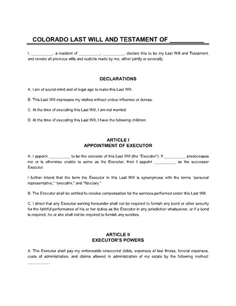 Colorado Last Will And Testament Template Online