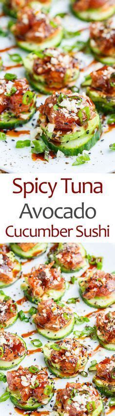 Some Food Is Sitting On A Plate And Ready To Be Eaten With The Words Spicy Tuna Avocado Cucumber