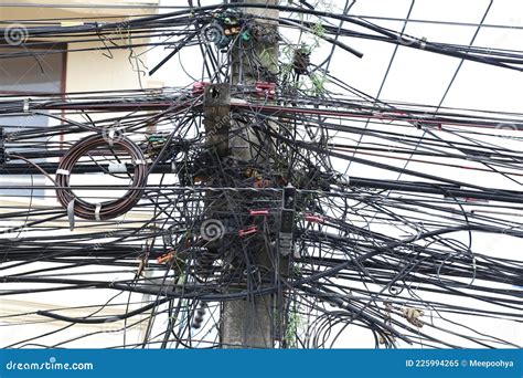 Tangled Messy Electrical Wires On Pole Posing A Safety Hazard Stock