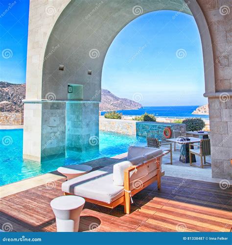 Vertical View Of Arch Pool Terrace On Summer Resort Greece Stock Image