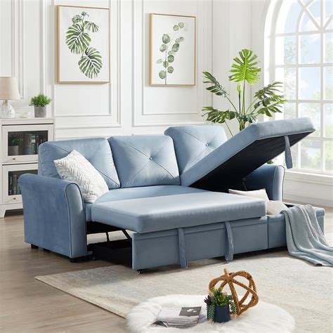 aukfa modern velvet sectional sleeper sofa pull out bed reversible storage chaise living room