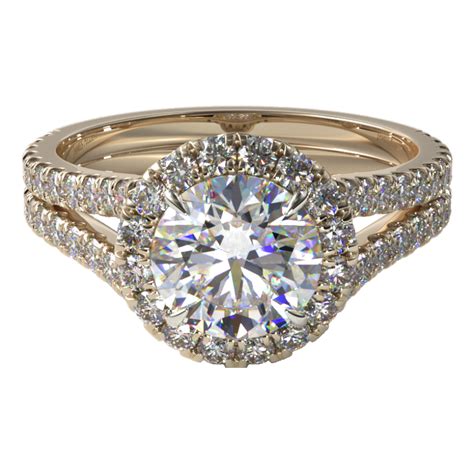 14k Yellow Gold Round Split Band Diamond Halo Engagement Ring This