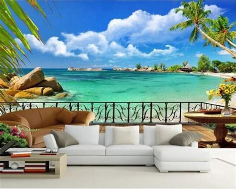 3d Large Deck Overlooking Beach Blue Sky Ocean Wallpaper Mural Mural