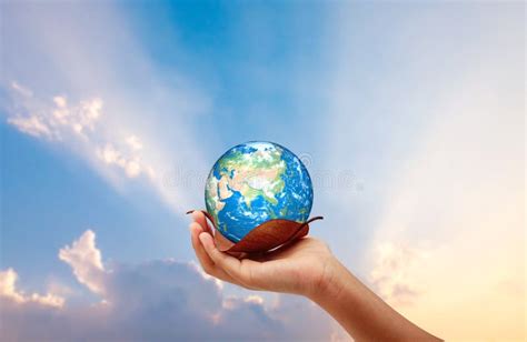 Hand Holding The Earth On Dry Leaf Save The Earth Concept Stock Image