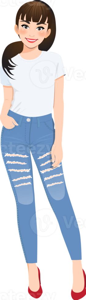 Beautiful Girl In White T Shirts And Blue Jeans 19837232 Png