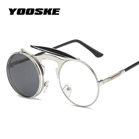 Yooske Steampunk Sunglasses Round Metal Sunglass Women Style Retro Flip Circular Double Metal