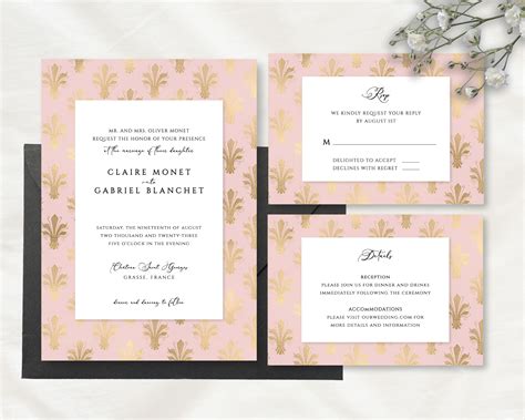 Formal French Inspired Editable Wedding Invitation Template Set With