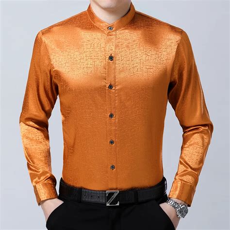 Mens New Arrival 2018 Spring Silk Dress Shirts Male Casual Long Sleeve