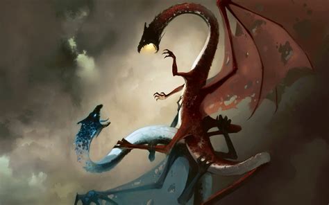 Two Blue And Red Dragons Wallpaper Dragon Fantasy Art Magic The